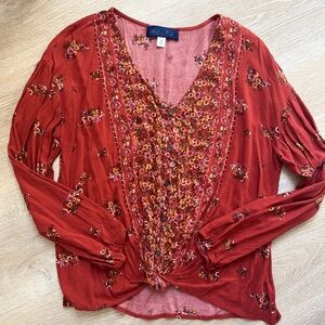 Blue Rain Terracotta Floral Embroidered Blouse